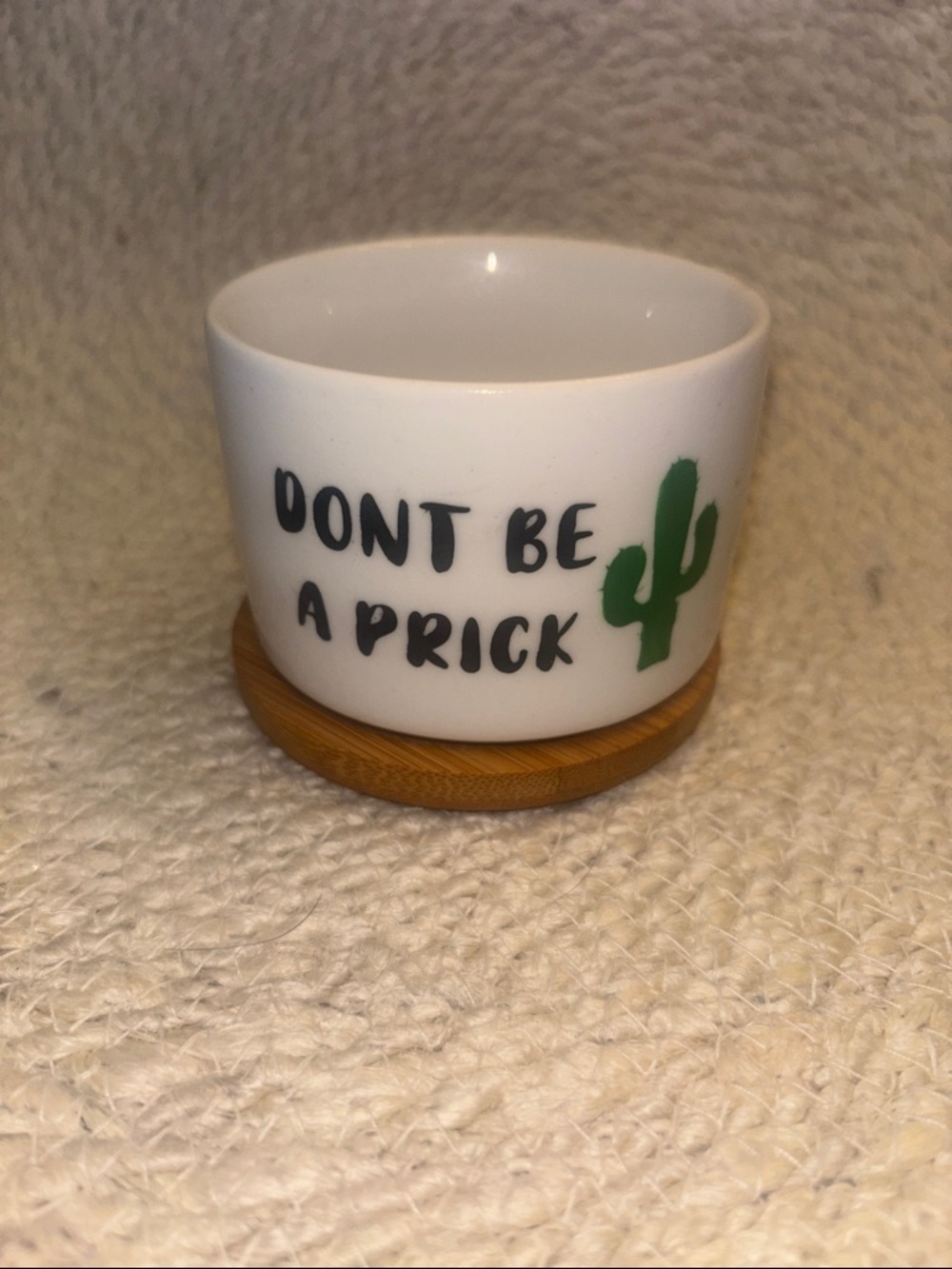 “Don’t Be a Prick” White Ceramic Planter with Cactus and Wood base